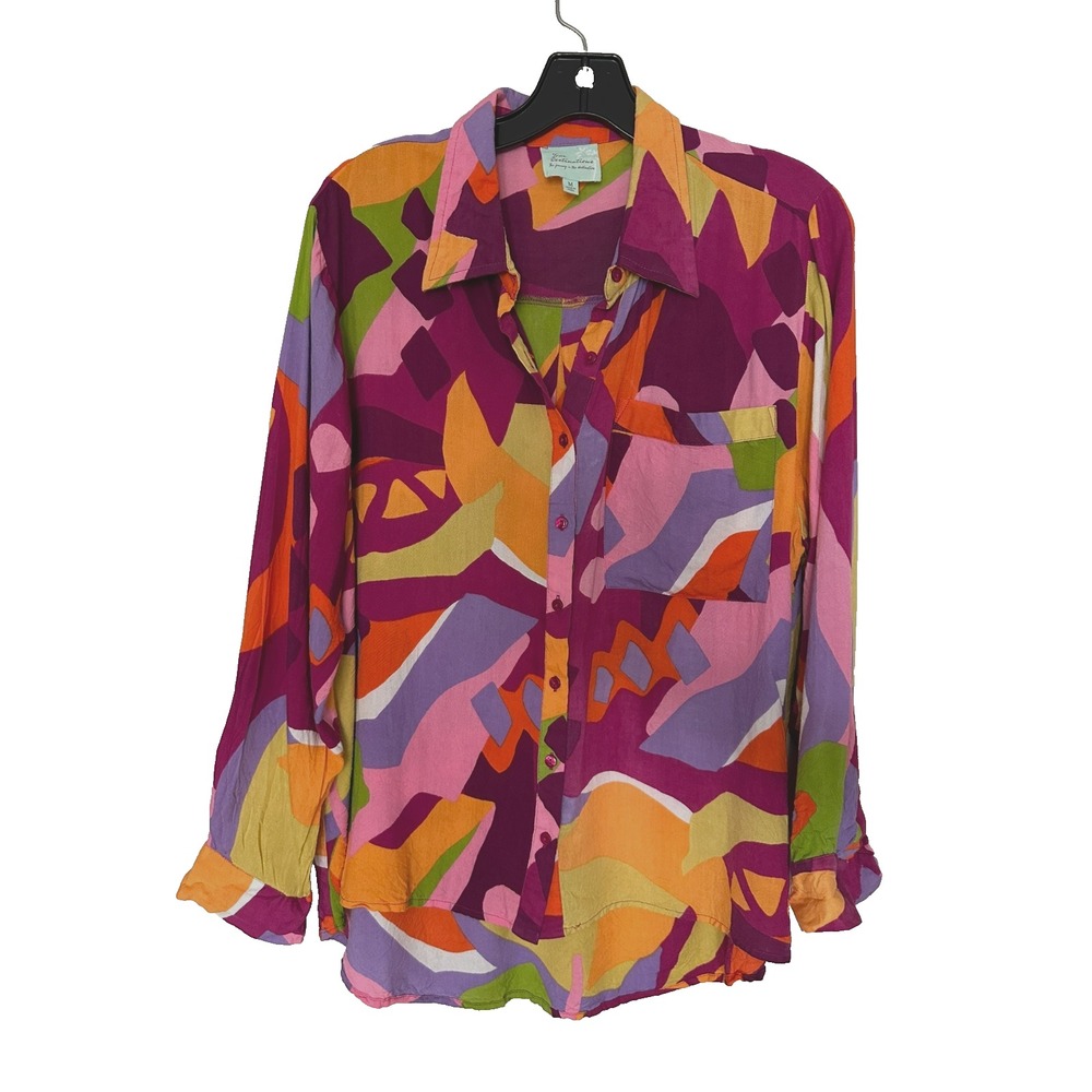 True Destinations Women's Size M Button-up Blouse Resort Tropical Vacation Rich